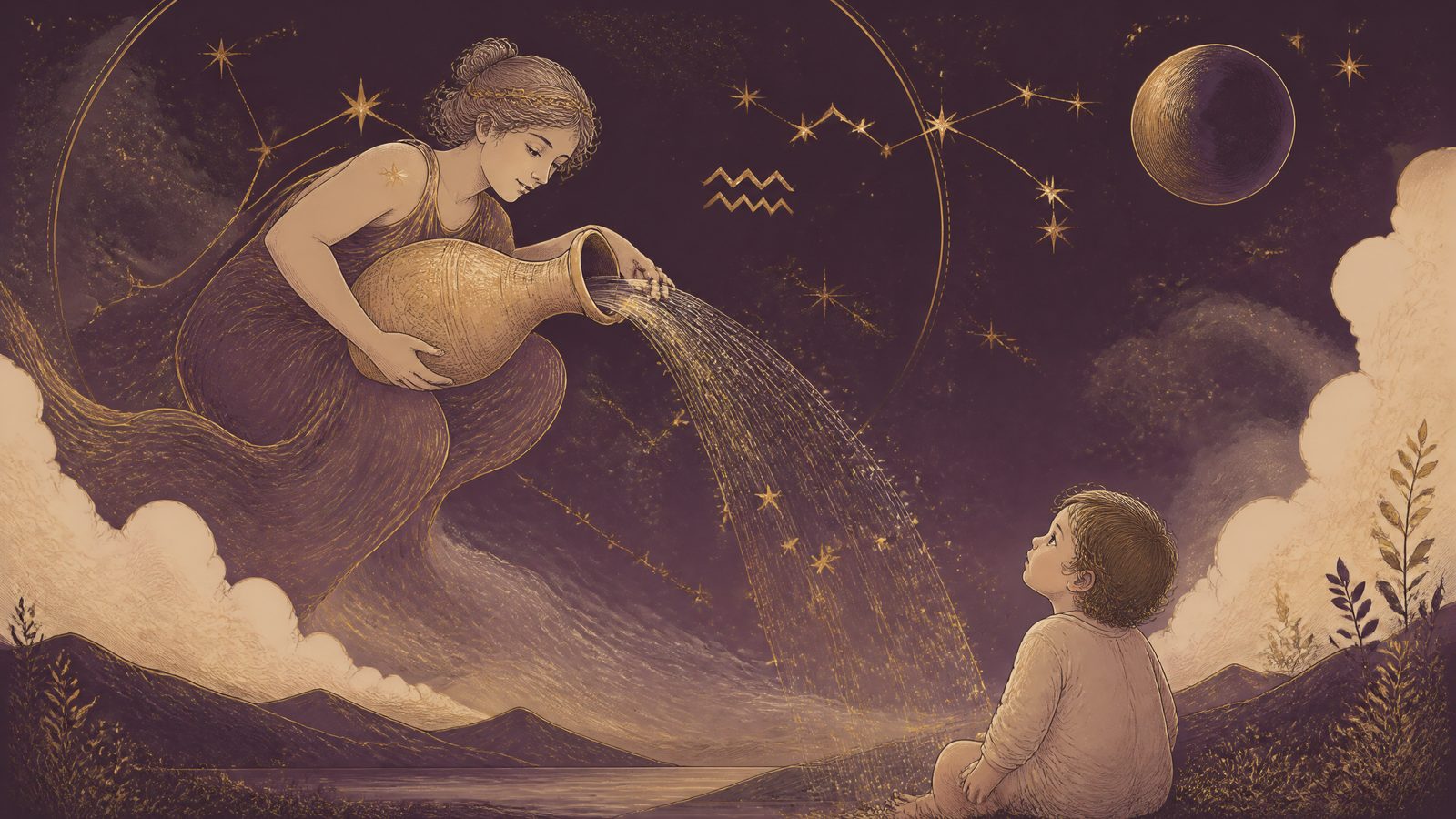 The Aquarius constellation pouring a stream of stars over a curious child