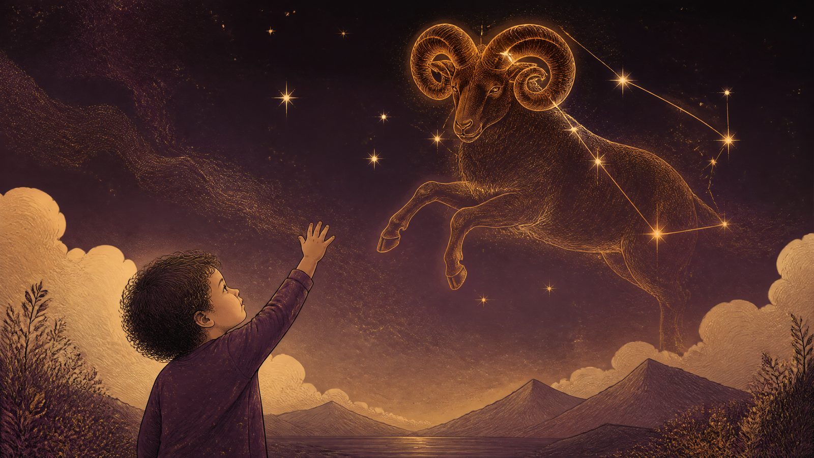 The Aries ram constellation rising over a child reaching boldly for the stars