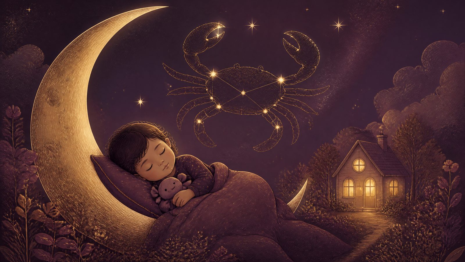 The Cancer constellation above a child cradled beneath a crescent moon