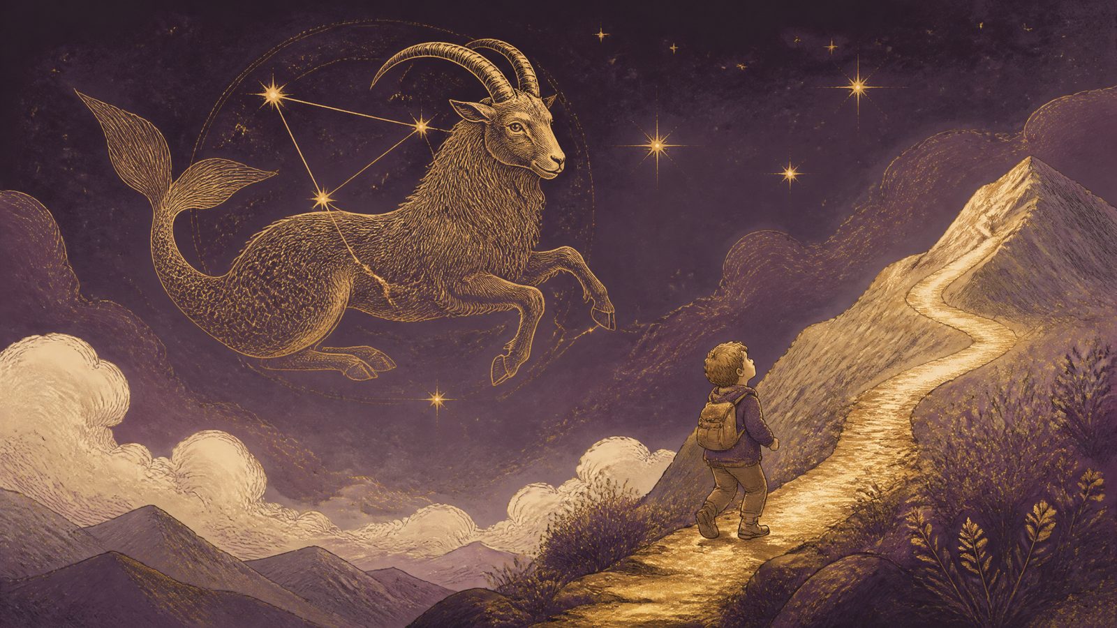 The Capricorn constellation above a child climbing a golden mountain path