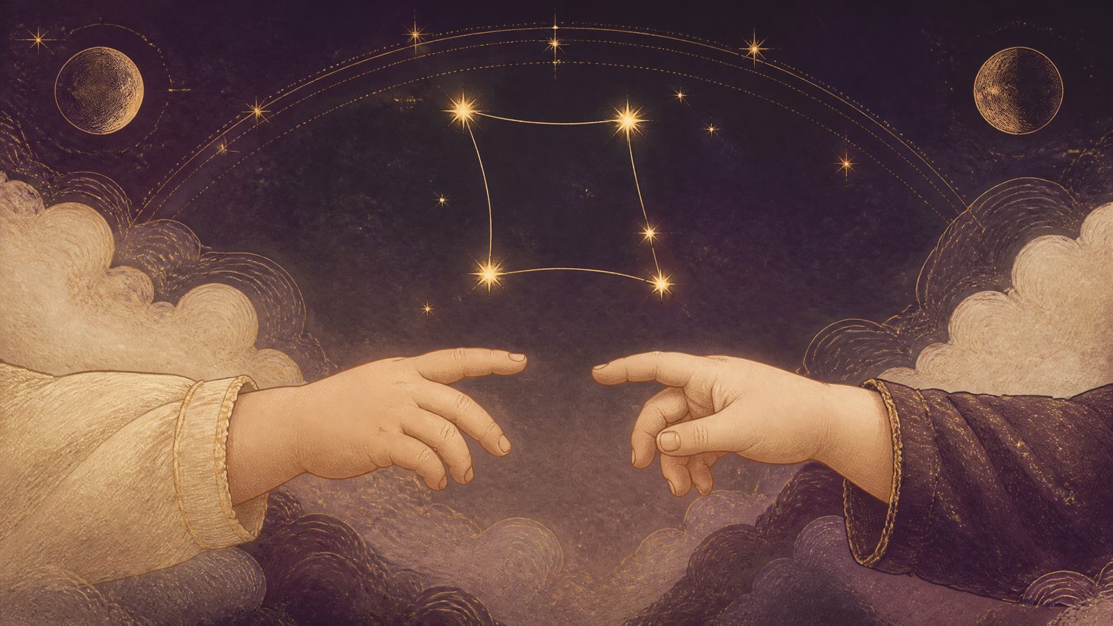 The Gemini twins constellation arcing over two small hands reaching toward each other