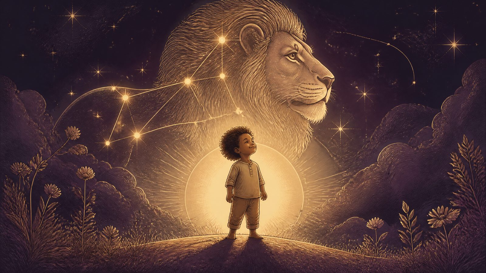 The Leo lion constellation crowning a child standing in warm golden light