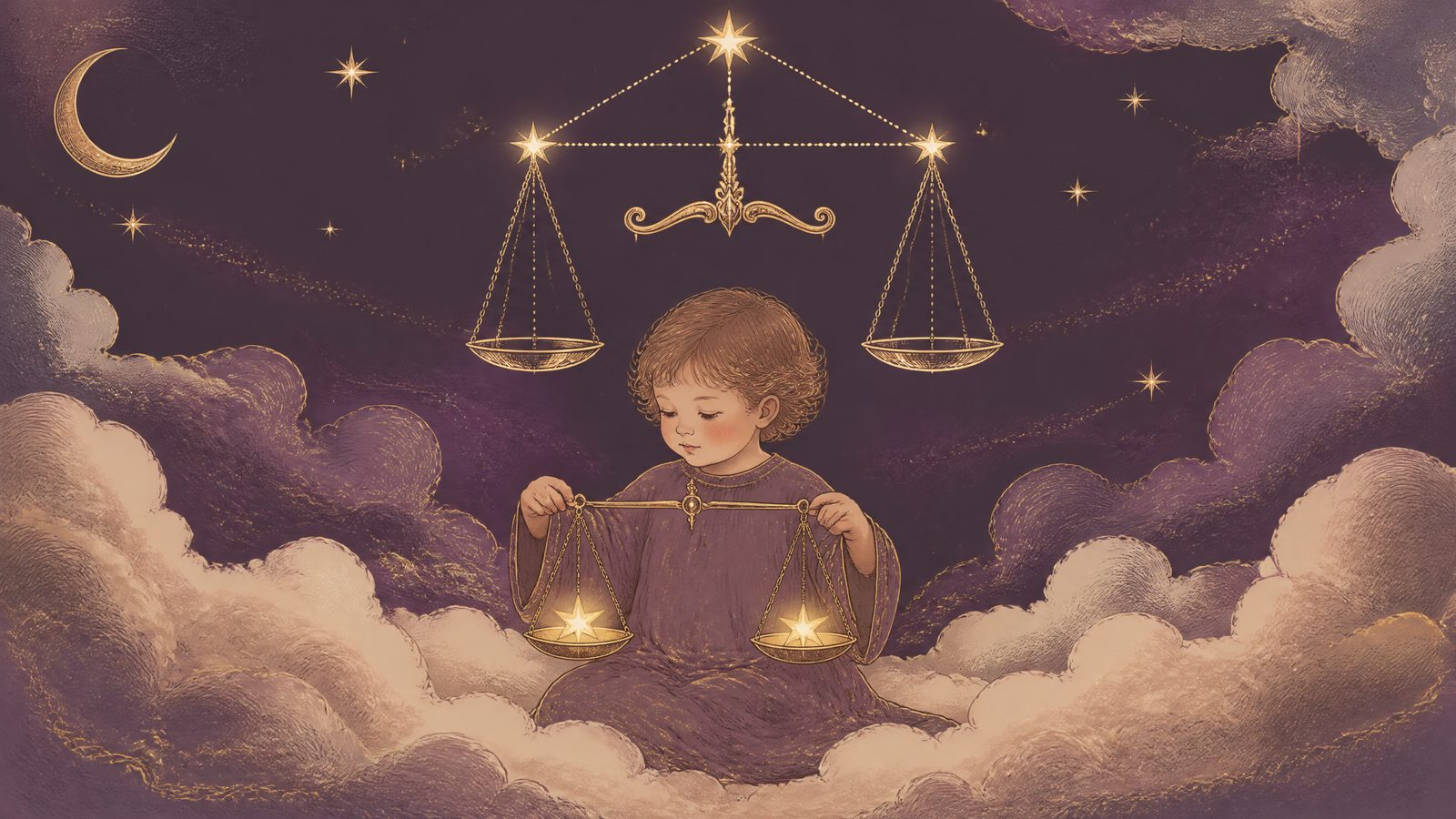 The Libra scales constellation balanced above a child weighing two glowing stars
