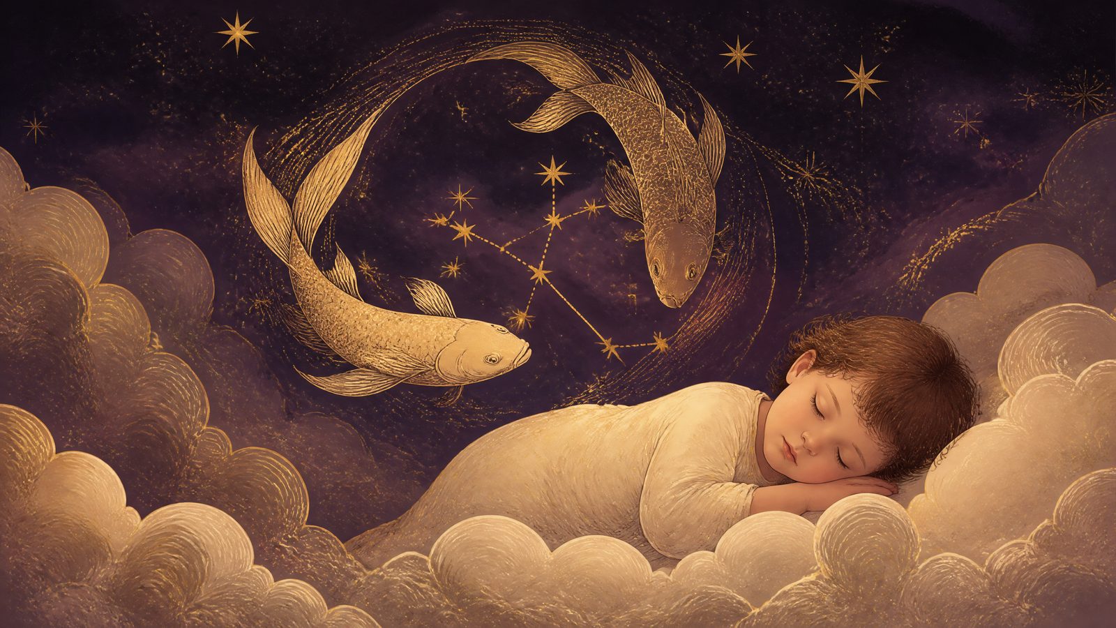 The Pisces two-fish constellation swirling above a dreaming child among clouds