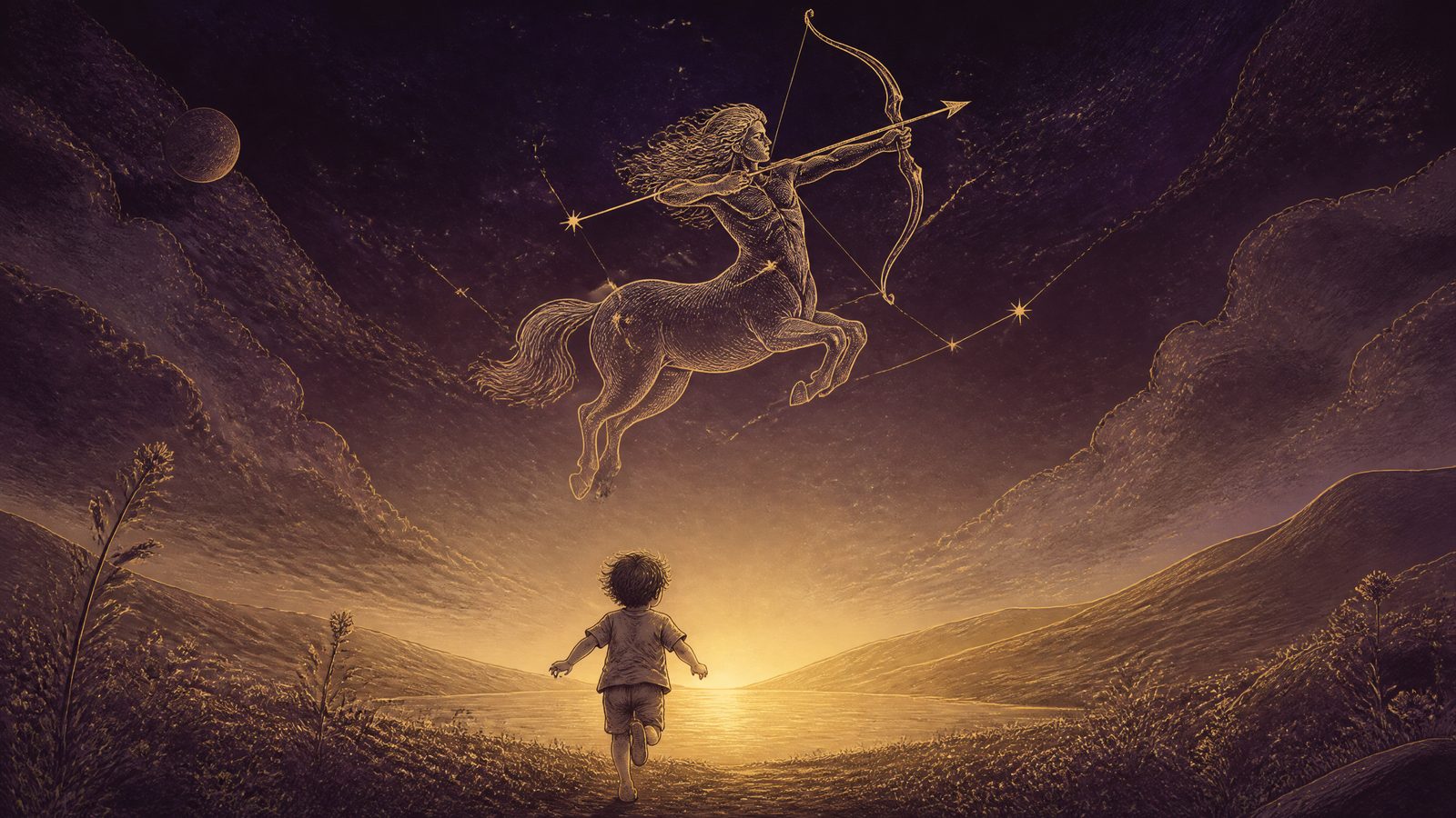 The Sagittarius archer constellation above a child running toward the horizon