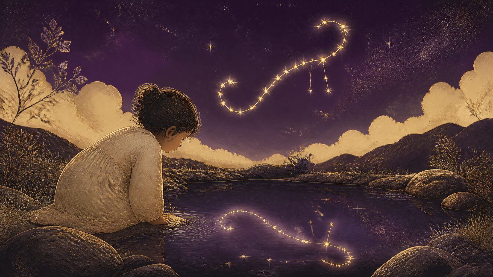 The Scorpio constellation glowing over a child gazing into starlit water