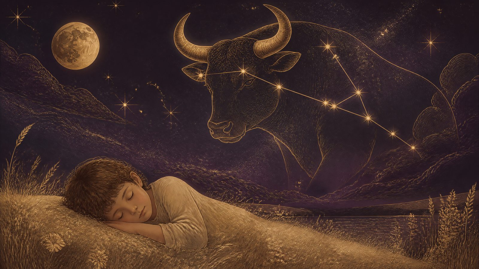 The Taurus bull constellation above a child resting in a golden field