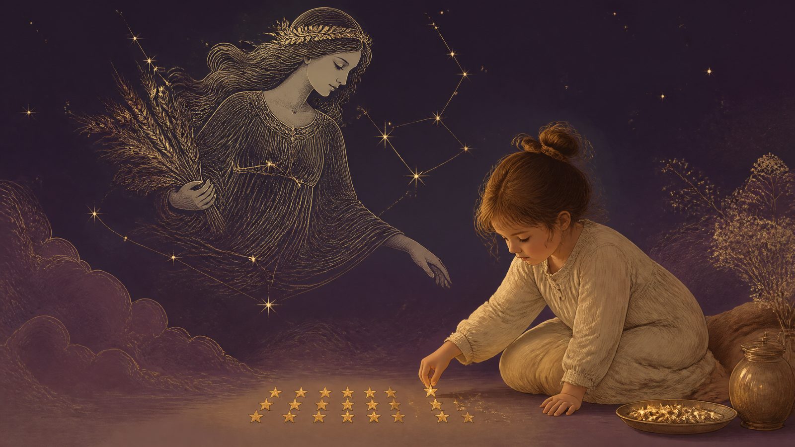 The Virgo constellation above a child arranging tiny stars in careful order